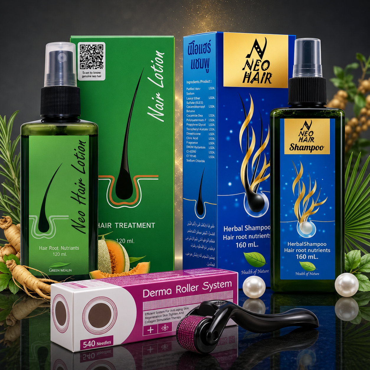Original Neo Hair Lotion 120ml with Neo Hair Shampoo 160ml from Greenwealth Thailand & Derma Roller