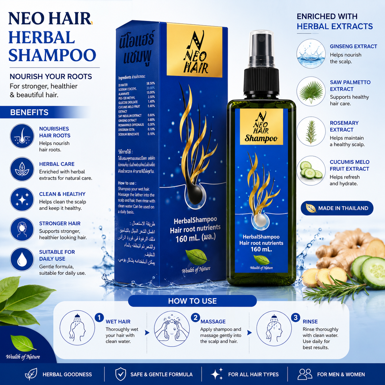 Neo Hair Shampoo 160ml – Herbal Hair & Scalp Care Shampoo Made in Thailand - Image 4